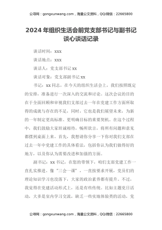 2024年组织生活会前党支部书记与副书记谈心谈话记录