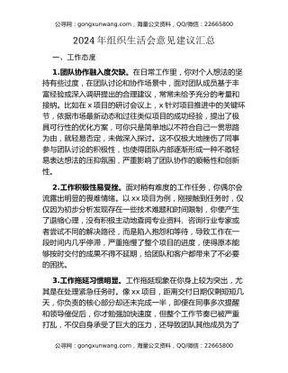 2024年组织生活会意见建议汇总