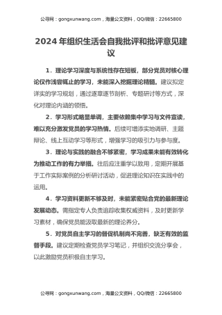 2024年组织生活会自我批评和批评意见建议