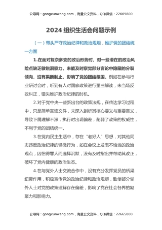 2024组织生活会问题示例（四个带头）