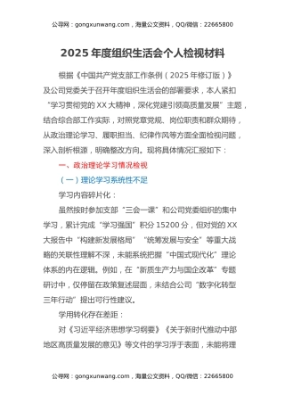 2025年组织生活会个人检视材料（最新）