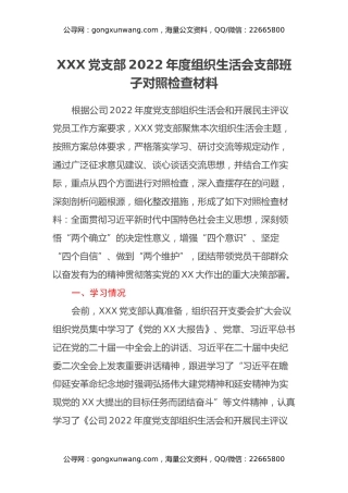 XXX党支部2022年度组织生活会支部班子对照检查材料