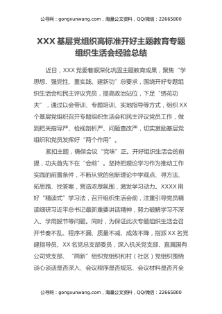 XXX基层党组织高标准开好主题教育专题组织生活会经验总结