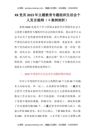 XX党员2023年主题教育专题组织生活会个人发言提纲（＋案例剖析）