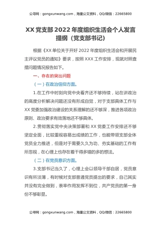 XX党支部2022年度组织生活会个人发言提纲（党支部书记）