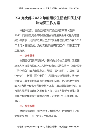 XX党支部2022年度组织生活会和民主评议党员工作方案
