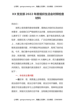 XX党支部2022年度组织生活会对照检查材料