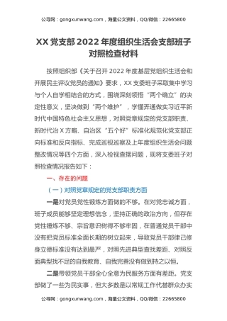 XX党支部2022年度组织生活会支部班子对照检查材料