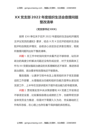 XX党支部2022年度组织生活会查摆问题整改清单（党支部书记）