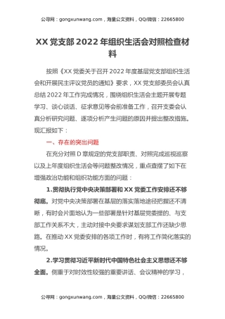 XX党支部2022年组织生活会对照检查材料
