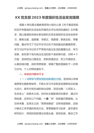 XX党支部2023年度组织生活会发言提纲（四个方面）