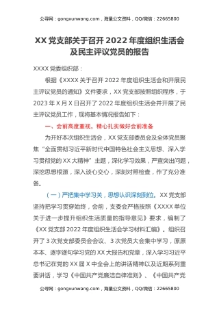 XX党支部关于召开2022年度组织生活会及民主评议党员的报告