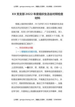 XX党支部班子2022年度组织生活会对照检查材料