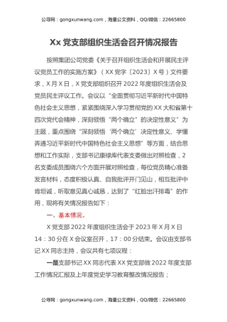 Xx党支部组织生活会召开情况报告