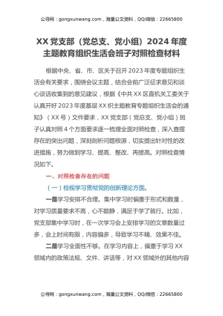 XX党支部（党总支、党小组）2024年度主题教育组织生活会班子对照检查材料