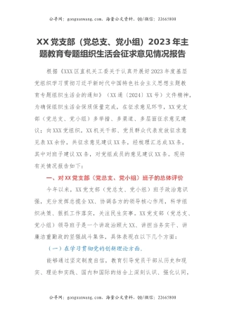 XX党支部（党总支、党小组）主题教育专题组织生活会征求意见情况报告