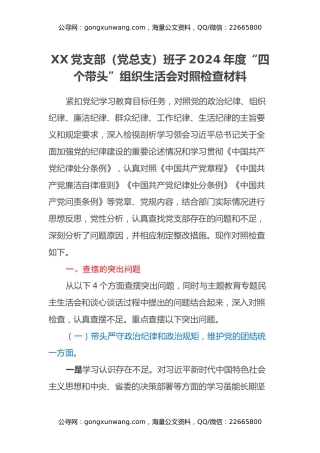 XX党支部（党总支）班子2024年度“四个带头”组织生活会对照检查材料
