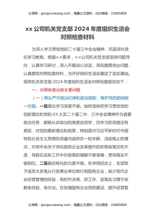 xx公司机关党支部2024年度组织生活会对照检查材料（四个带头+意识形态）