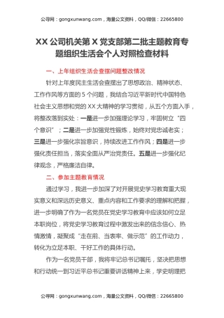 XX公司机关第X党支部第二批主题教育专题组织生活会个人对照检查材料（六个方面）