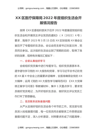XX区医疗保障局 2022年度组织生活会开展情况报告