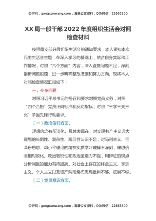 xx局一般干部2022年度组织生活会对照检查材料（六个方面）