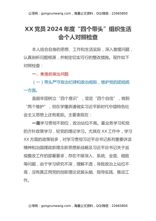 XX市直机关党员干部2024年度“四个带头”组织生活会 个人对照检查