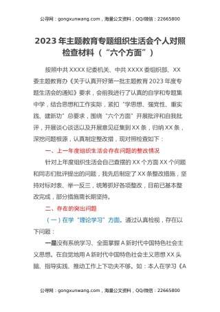 XX支部书记2023年主题教育专题组织生活会个人对照检查材料（“六个方面”）