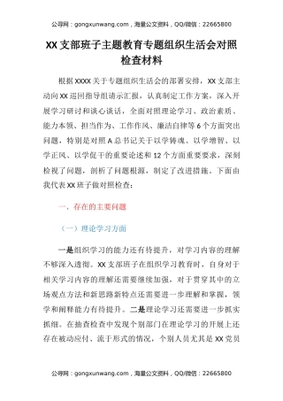 XX支部班子主题教育专题组织生活会对照检查材料