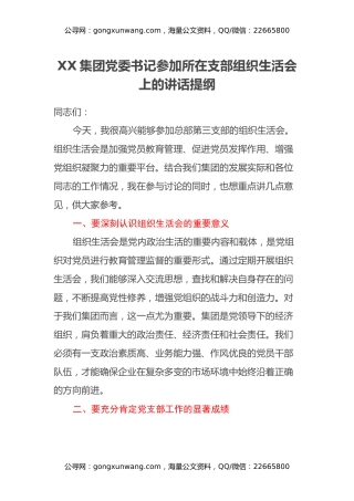 XX集团党委书记参加所在支部组织生活会上的讲话提纲