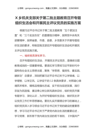 X乡机关支部关于第二批主题教育召开专题组织生活会和开展民主评议党员的实施方案 (2)