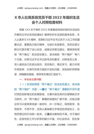 X市人社局系统党员干部2022年组织生活会个人对照检查材料