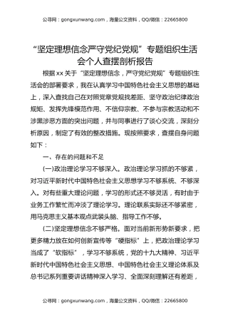 “坚定理想信念严守党纪党规” 专题组织生活会个人查摆剖析报告