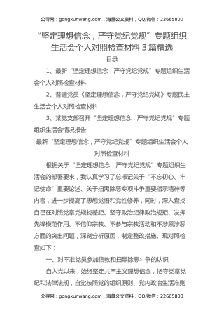 “坚定理想信念，严守党纪党规”专题组织生活会个人对照检查材料3篇精选