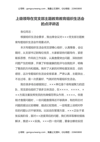 上级领导在党支部主题教育教育组织生活会的点评讲话