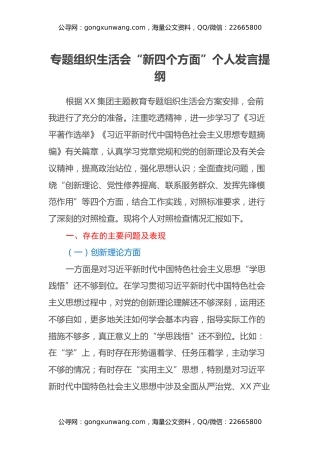 专题组织生活会“新四个方面”个人发言提纲