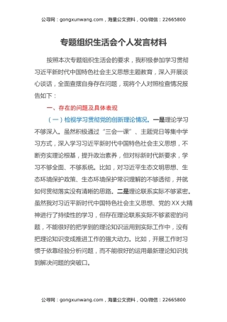 专题组织生活会个人发言材料（四个方面）