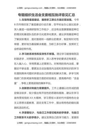 专题组织生活会支委相互批评意见汇总