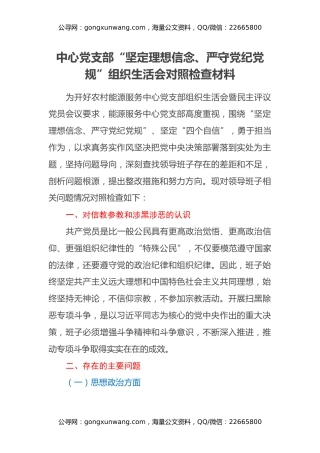 中心党支部“坚定理想信念、严守党纪党规”组织生活会对照检查材