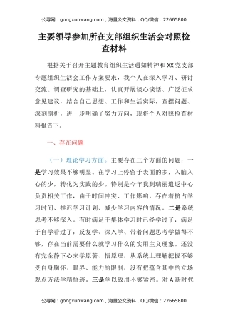 主要领导参加所在支部组织生活会对照检查材料