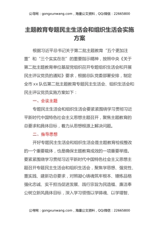 主题教育专题民主生活会和组织生活会实施方案