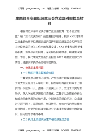 主题教育专题组织生活会党支部对照检查材料（五个方面）