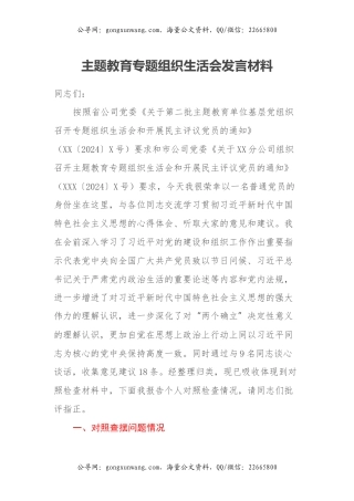 主题教育专题组织生活会发言材料