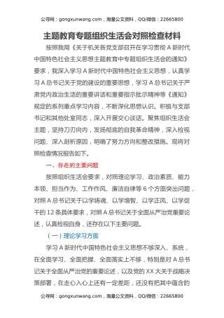 主题教育专题组织生活会对照检查材料 (2)