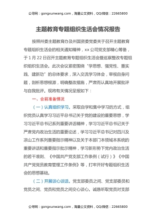 主题教育专题组织生活会情况报告