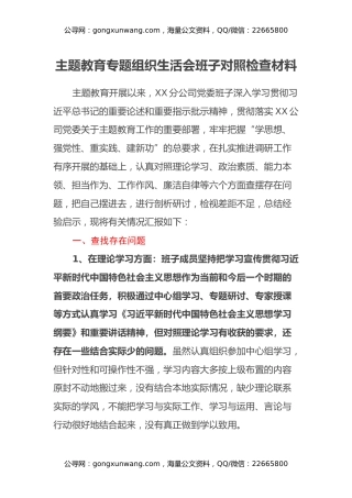 主题教育专题组织生活会班子对照检查材料（六个方面）