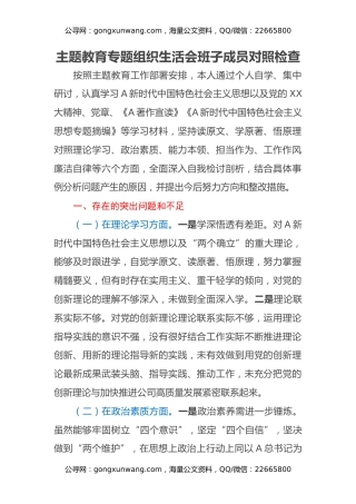 主题教育专题组织生活会班子成员对照检查