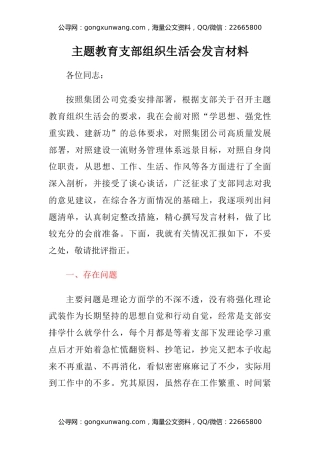 主题教育支部组织生活会发言材料