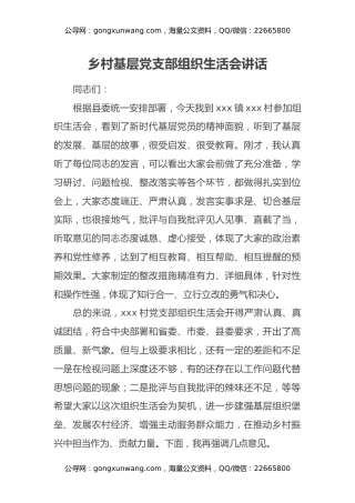 乡村基层党支部组织生活会讲话