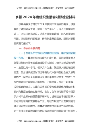 乡镇2024年度组织生活会对照检查材料