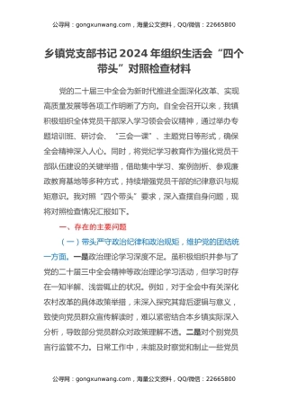 乡镇党支部书记2024年组织生活会“四个带头”对照检查材料